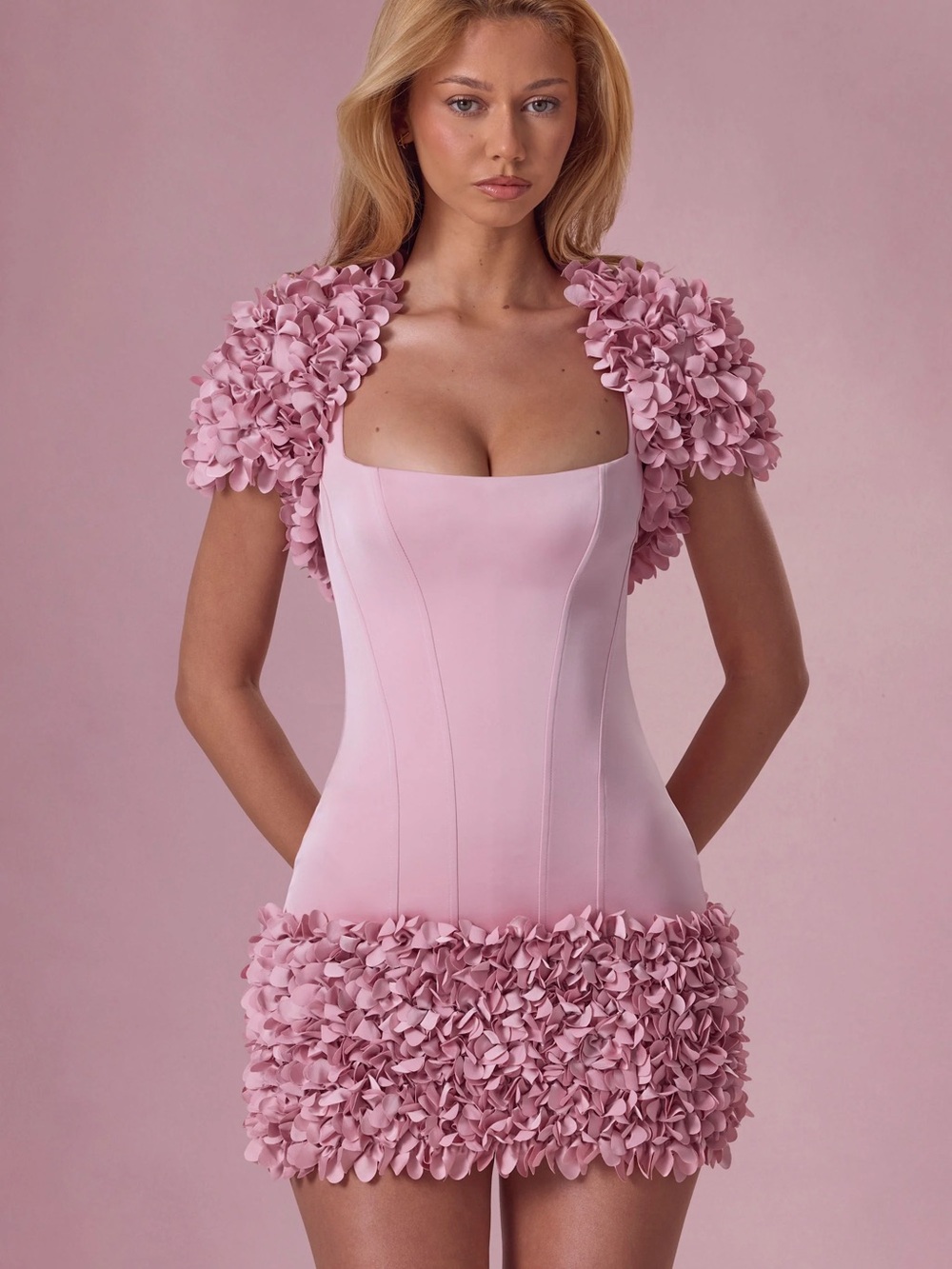 2 Piece Pink Floral Appliqué Mini Dress + Bolero - Oh Polly